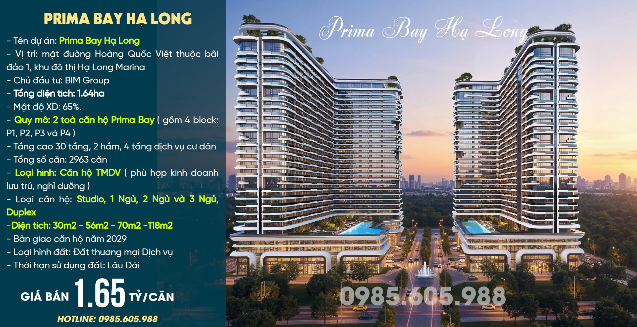 Căn hộ Prima Bay Hạ Long 1.3 tỷ - 1.6 tỷ/căn